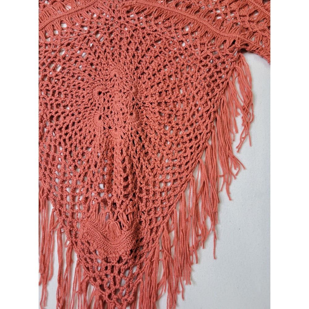 Venus Coral Crochet Knit Fringe Poncho Top Long Sleeve Boho Festival Size M 2920 - Picture 2 of 5